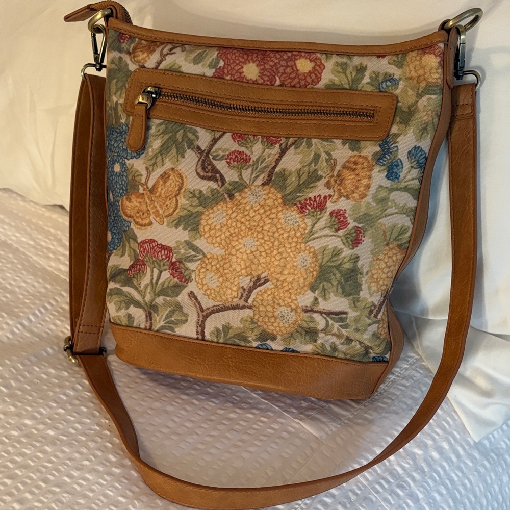 Floral Canvas and Tan Faux Leather Crossbody Bag